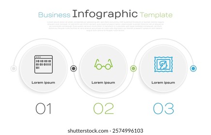 Set line Binary code, Eyeglasses and Postal stamp. Business infographic template. Vector