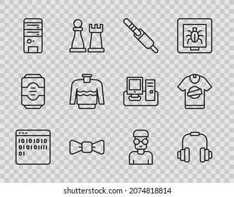 Set line Binary code, Headphones, Audio jack, Bow tie, Computer, Sweater, Nerd geek and T-shirt icon. Vector