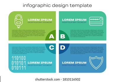 Set line Binary code, Lock and key, Shield and Credit card. Business infographic template. Vector