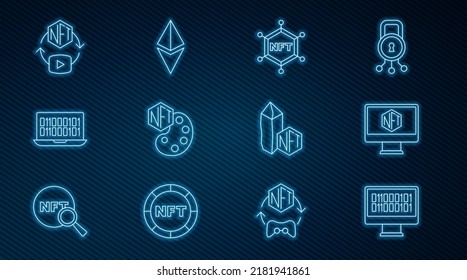 Set line Binary code, Monitor with art store app, NFT blockchain technology, Digital crypto,  and Ethereum ETH icon. Vector