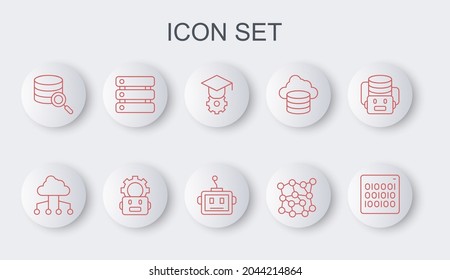 Set line Binary code, Network cloud connection, Graduation cap, Neural network, Server, Server, Data, Robot setting and Artificial intelligence robot icon. Vector