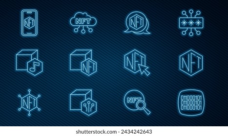 Set line Binary code, NFT Digital crypto art, Mobile with store app,  and cloud icon. Vector