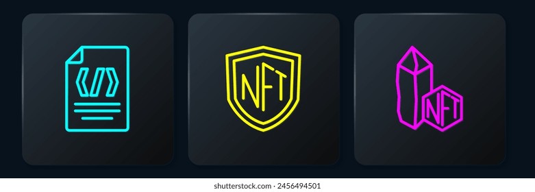 Set line Binary code, NFT Digital crypto art and shield. Black square button. Vector