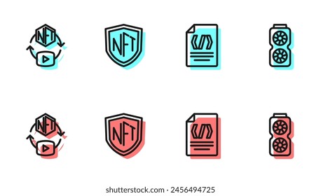 Set line Binary code, NFT Digital crypto art, shield and Video graphic card icon. Vector