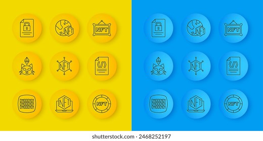 Set line Binary code, NFT Digital crypto art, blockchain technology, Document and,  and  icon. Vector