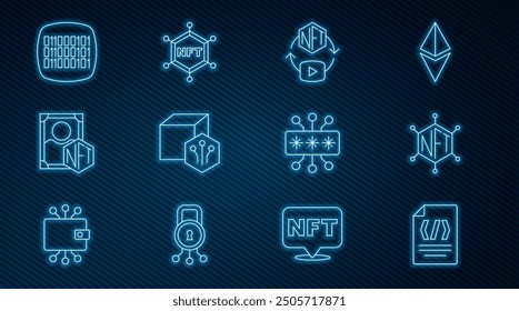 Set line Binary code, NFT blockchain technology, Digital crypto art, Cyber security and  icon. Vector