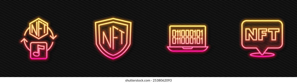 Set line Binary code, NFT Digital crypto art, shield and . Glowing neon icon. Vector