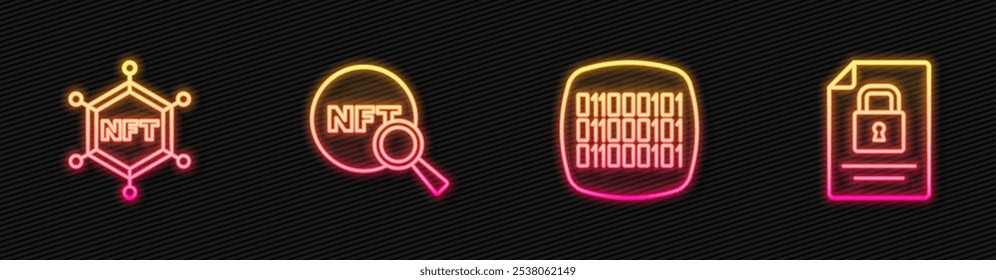 Set line Binary code, NFT blockchain technology, Search and Document and. Glowing neon icon. Vector