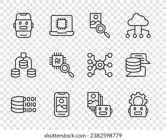 Set line Binary code, Robot setting, Photo retouching, Mobile phone, Chat, Processor CPU, Artificial intelligence robot and Server, Data icon. Vector