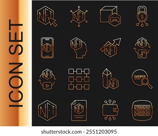 Set line Binary code, Search NFT, Digital crypto art, Mobile with store app,  and growth bar chart icon. Vector