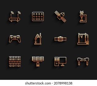 Set line Binary code, Server, Data, Web Hosting, Router and wi-fi signal, Computer monitor, Air headphones, Test tube flask fire, 3D printer and Smartwatch icon. Vector