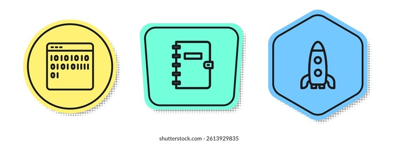 Set line Binary code, Spiral notebook and Rocket ship. Colored shapes. Vector