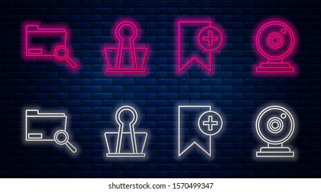Set line Binder clip, Bookmark, Search concept with folder and Web camera. Glowing neon icon on brick wall. Vector