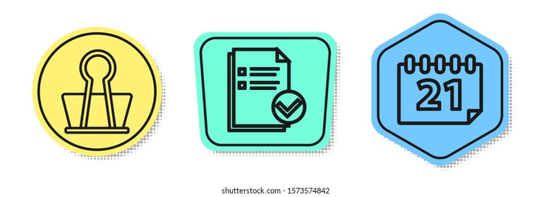 Set line Binder clip, Document and check mark and Calendar. Colored shapes. Vector