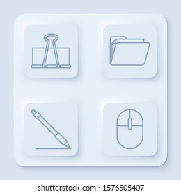 Set line Binder clip, Document folder, Pen line and Computer mouse. White square button. Vector