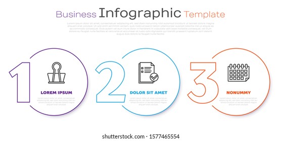 Set line Binder clip, Document and check mark and Calendar. Business infographic template. Vector