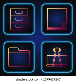Set line Binder clip, Document folder, Drawer with documents and File document. Gradient color icons. Vector