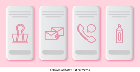 Set line Binder clip, Envelope, Telephone handset and speech bubble chat and Marker pen. White rectangle button. Vector