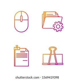 Set line Binder clip, File document and binder clip, Computer mouse and Folder settings with gears. Gradient color icons. Vector