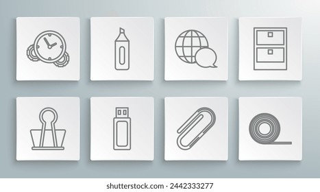 Set line Binder clip, Marker pen, USB flash drive, Paper, Scotch, World map made from speech bubble, Archive papers drawer and Time Management icon. Vector