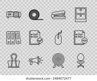 Set line Binder clip, Office chair, stapler, Megaphone, Presentation, movie, film, media projector, Document and check mark, Target and with minus icon. Vector