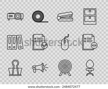 Set line Binder clip, Office chair, stapler, Megaphone, Presentation, movie, film, media projector, Document and check mark, Target and with minus icon. Vector