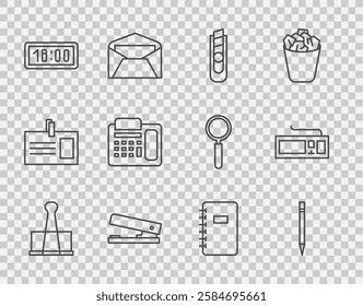 Set line Binder clip, Pencil with eraser, Stationery knife, Office stapler, Digital alarm clock, Telephone, Spiral notebook and Keyboard icon. Vector