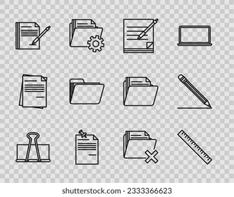 Set line Binder clip, Ruler, Blank notebook and pen, Note paper with pinned pushbutton, Document folder, Delete and Pencil eraser line icon. Vector