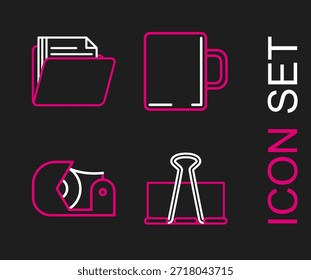 Set Linie Binder Clip, Scotch, Kaffee Tasse und Dokument Ordner Symbol. Vektorgrafik