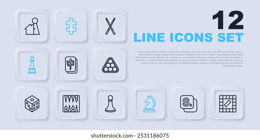 Set line Bingo, Board game, Mahjong pieces, Chess, Backgammon board, Puzzle toy and pawn icon. Vector