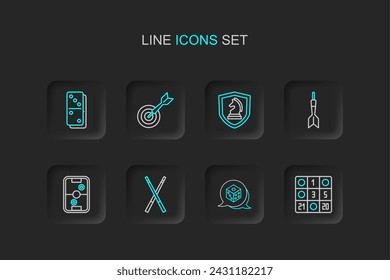 Set line Bingo card, Game dice, Crossed billiard cues, Air hockey table, Dart arrow, Chess, Classic dart board and and Domino icon. Vector