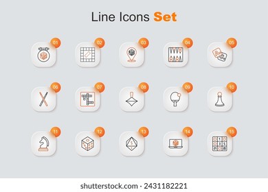 Set line Bingo card, Game dice, Chess, pawn, Racket and Whirligig toy icon. Vector