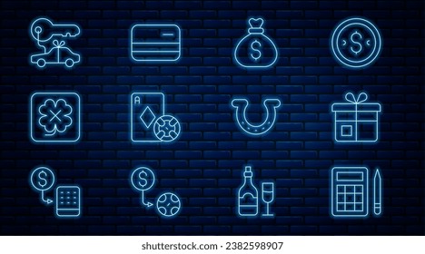 Set line Bingo card, Gift box, Money bag, Casino chip and playing cards, slot machine, Car gift, Horseshoe and Credit icon. Vector