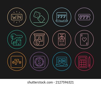 Set Line Bingo Card, Playing With Heart, Laptop And Slot Machine, Casino Chips Exchange, Winning House Key, Win, Lucky Wheel On Phone And Game Dice Icon. Vector