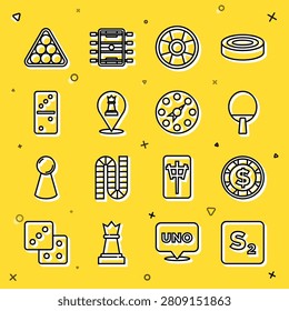 Set line Bingo, Casino chip with dollar, Racket, Chess, Domino, Billiard balls triangle and Twister game icon. Vector
