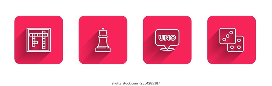 Set line Bingo, Chess, Uno card game and Game dice with long shadow. Red square button. Vector