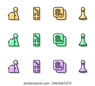 Set line Bingo, Chip for board game, Domino and Chess pawn icon. Vector