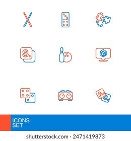 Set line Bingo, Time chess clock, Game dice, Bowling pin and ball, Puzzle pieces toy and Domino icon. Vector