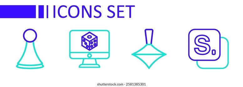 Set line Bingo, Whirligig toy, Game dice and Chip for board game icon. Vector