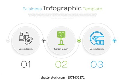 Set line Binoculars and american football ball, Sport football mechanical scoreboard and result display and American football helmet. Business infographic template. Vector