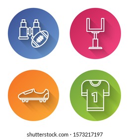 Set line Binoculars and american football ball, American football goal post, Soccer or football shoes with spikes and American football jersey. Color circle button. Vector