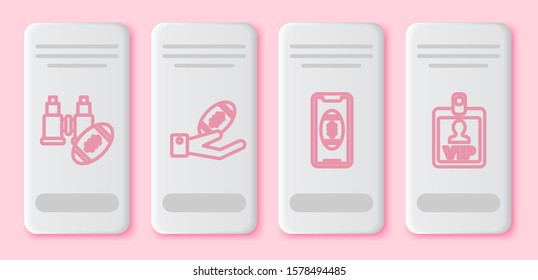 Set line Binoculars and american football ball, American Football ball on hand, Smartphone with american football ball on the screen and VIP badge. White rectangle button. Vector
