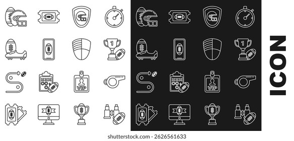 Set line Binoculars and american football ball, Whistle, Award cup American, helmet shield, Smartphone with on the screen, Soccer or shoes spikes, Football and club logo template icon. Vector