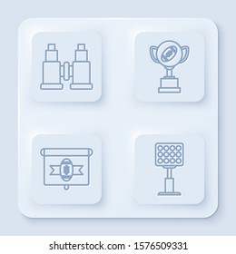 Set line Binoculars, Award cup and American football ball, American football on tv program and Bright stadium lights. White square button. Vector