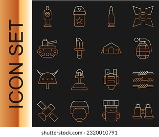 Set line Binoculars, Barbed wire, Hand grenade, Bullet, Military knife, tank, Human target sport for shooting and medical tent icon. Vector