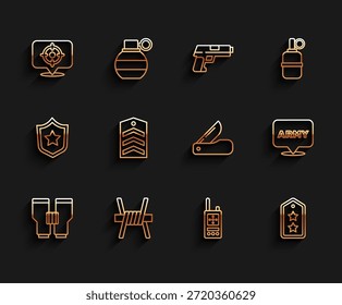 Set line Binoculars, Barbed wire, Target sport, Walkie talkie, Military rank, Chevron, army and Swiss knife icon. Vector