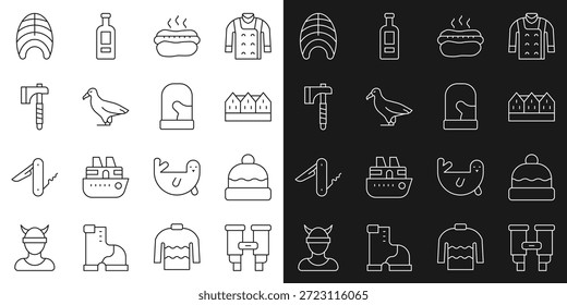 Prismáticos, gorro, casa de madera noruega, sándwich de perritos calientes, albatros, hacha de madera, bistec de pescado y Navidades. Vector