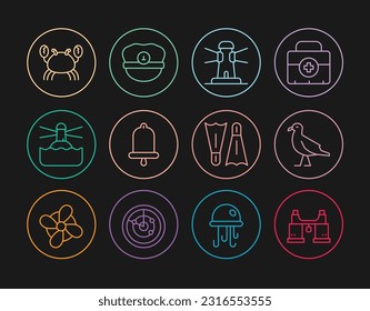 Set line Binoculars, Bird seagull, Lighthouse, Ship bell, Crab, Flippers for swimming and Captain hat icon. Vector