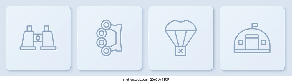 Set line Binoculars, Box flying on parachute, Brass knuckles and Military barracks. White square button. Vector