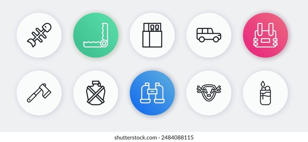 Set line Binoculars, Bulletproof vest, Wooden axe, Deer antlers on shield, Safari car, Open matchbox and matches, Lighter and Canteen water bottle icon. Vector